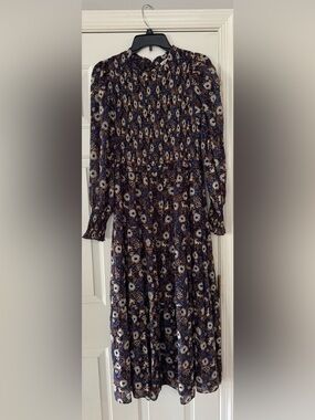 Navy Floral Long-Sleeve Midi Dress with Ivory Accents large cottage core